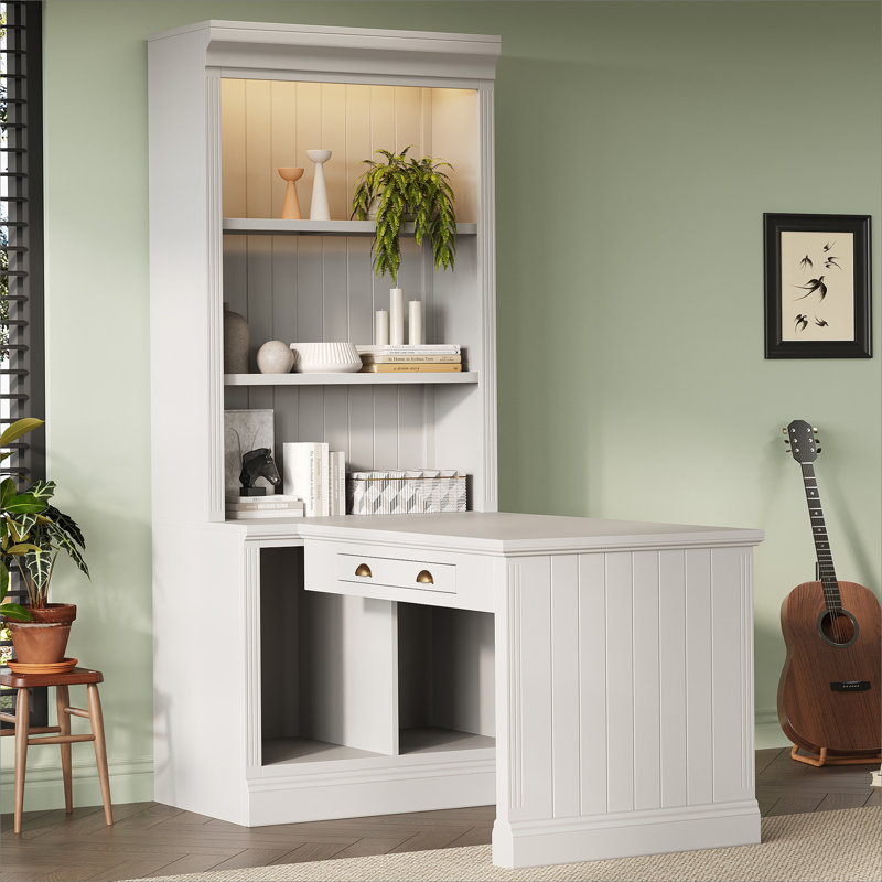 83.4"Tall Bookshelf with Writing Desk, Modern Bookcase with Study Desk, Workstation with Storage Shelf,Storage Bookcase with Open Shelves and LED Lighting for Living Room,Home Office,White