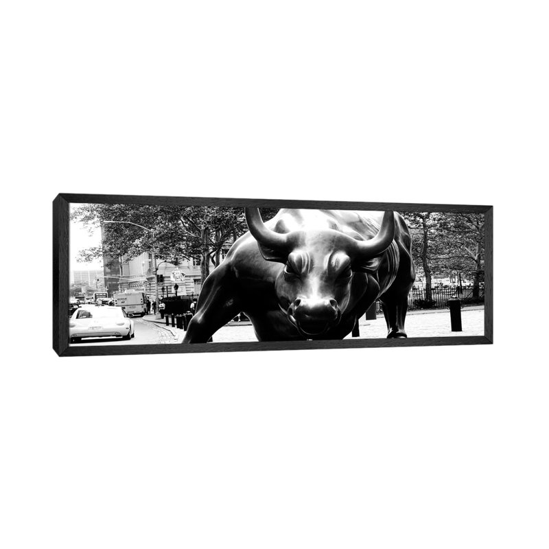 Wall Street Bull Close-up 1 Piece Panoramic Wall Art on Canvas, 121.92 cm H x 40.64 cm W, Black Framed