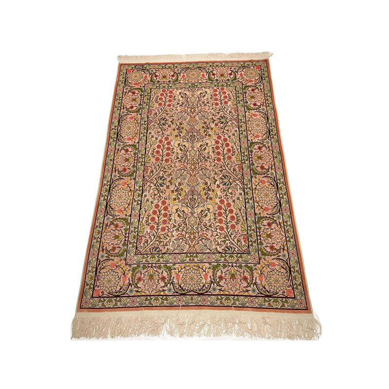 Tapis turc ivoire et rouge en soie 3x5