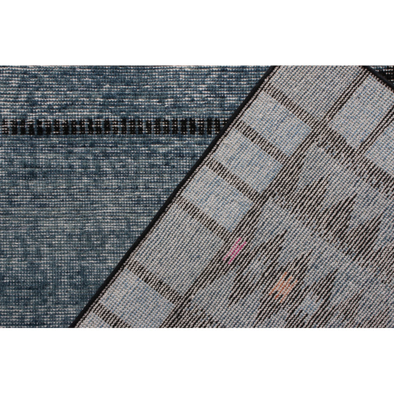 Rug & Kilim’S Distressed Scandinavian Rug In Blue Geometric Pattern, Rectangle 12' x 18', Blue/Black