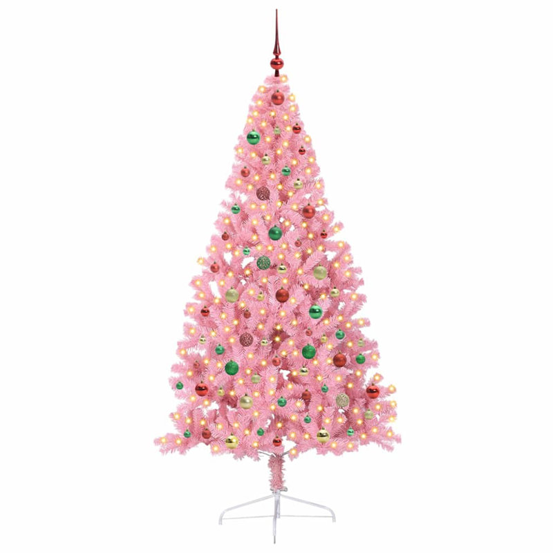 5.91' H Lighted Artificial Christmas Tree, Pink, 180 cm, with 120 Multicolour Balls