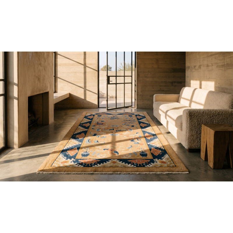 Neutral Cream Color Antique Chinese Koi Fish Medallion Peking Rug