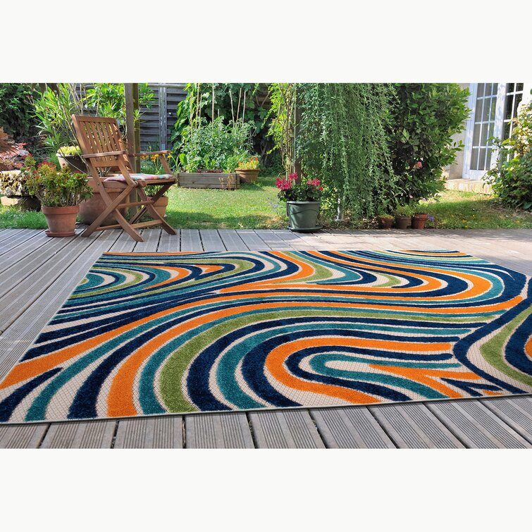 Fruit Bowl' Green/Blue Geometric Non-Slip Indoor/Outdoor Rug