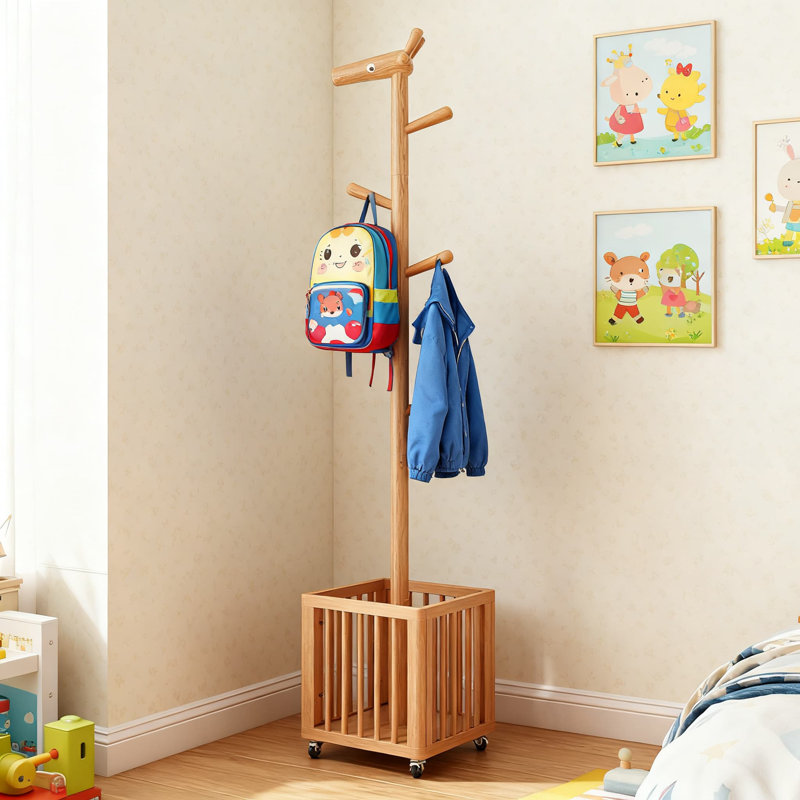 Freestanding Coat Rack With Laundry Basket, Heavy Duty Wooden Giraffe Design Hall Tree For Entryway, Living Room, Bedroom, Lockable Wheels