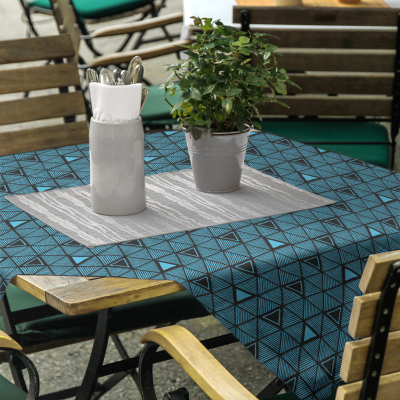 Classic Hand Drawn Triangles Tablecloth, Light Teal/Black