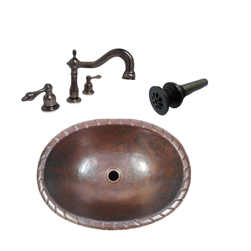 Lavabo de salle de bain ovale en cuivre 19 po avec corde, robinet et marguerite inclus
