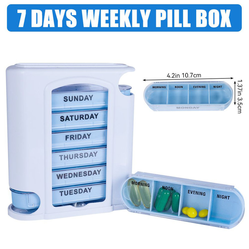 Une boîte à pilules portable d'une semaine à 8 compartiments avec un joint amovible parfait pour ranger les pilules et les bonbons. Disponible en blanc et bleu, c'est un dispositif de rangement de médicaments quotidien portable.