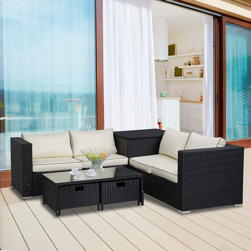 Hayslee Rattan 2 - Person Seating Group with Cushions, Black, White