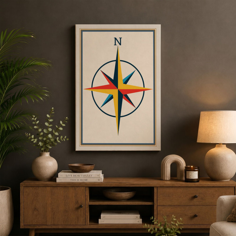 Compass Rose Geometric - Wrapped Canvas, Ochre Border, 30x20 - 76.2 x 50.8 cm