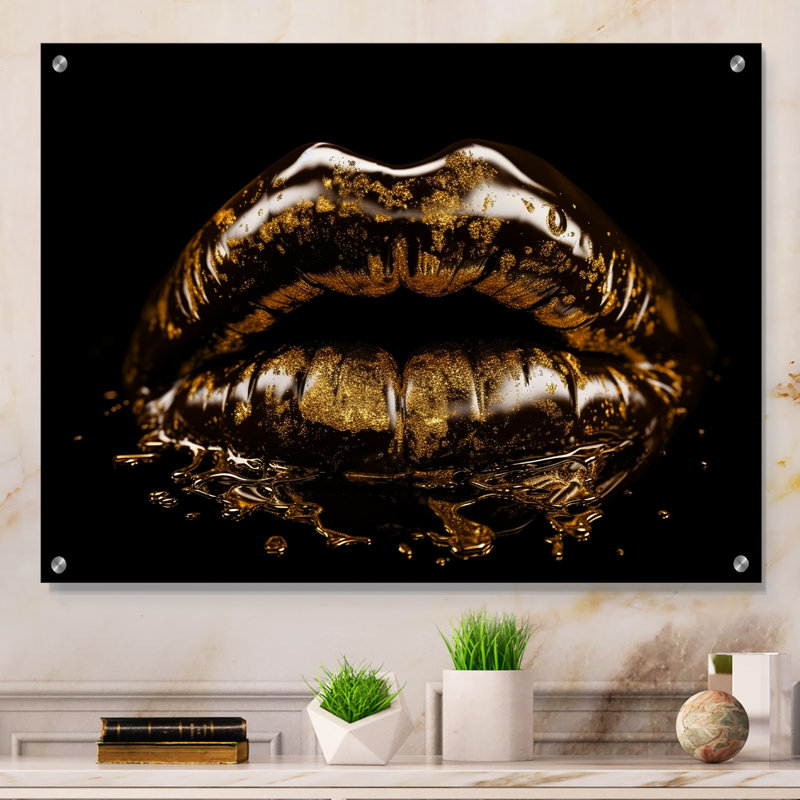 Lèvres métalliques dorées - Art mural acrylique tendance pour la cuisine, H 12 po x l 20 po