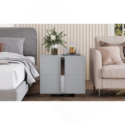 Modern End Table with Drawers, Elegant Nightstand with Metal Foot,Wood Bedside Table with Mirrored Metal Handles,Sofa Side End Table for Bedroom Livin