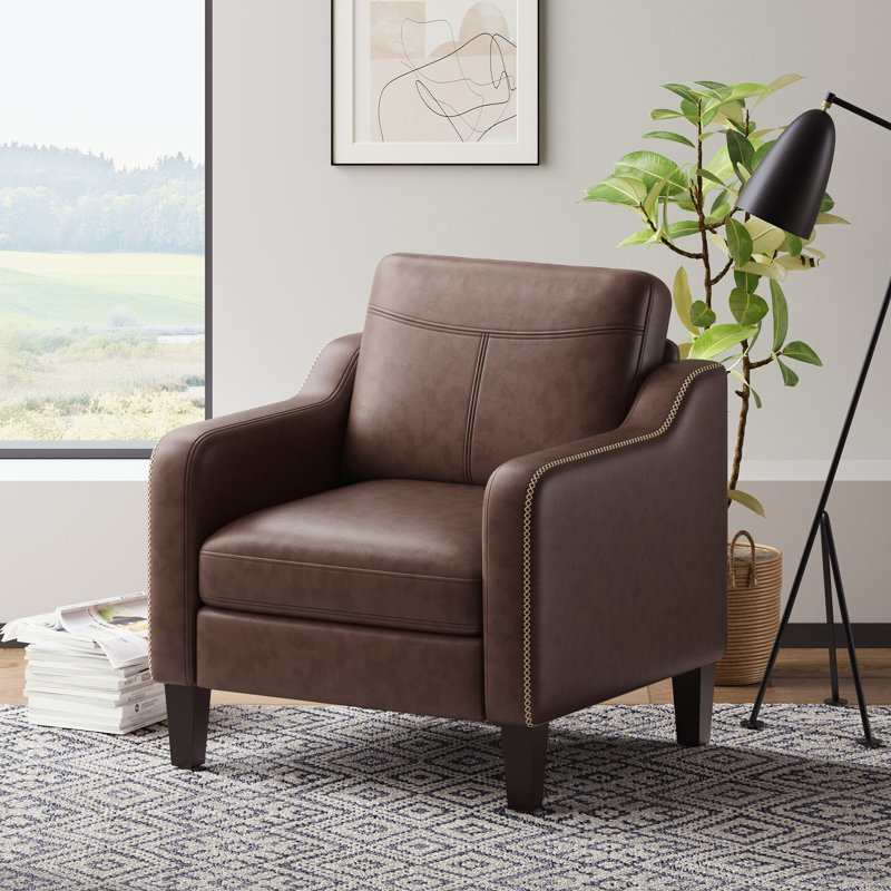 Mid-Century Accent Chair, Solid Wood Frame, Removable Cushions, Living Room Armchair, Chocolate, Faux Leather