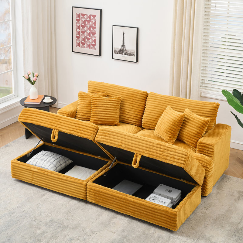 Canapé en velours côtelé de 82 po avec deux pieds de rangement et 4 coussins décoratifs, Orange