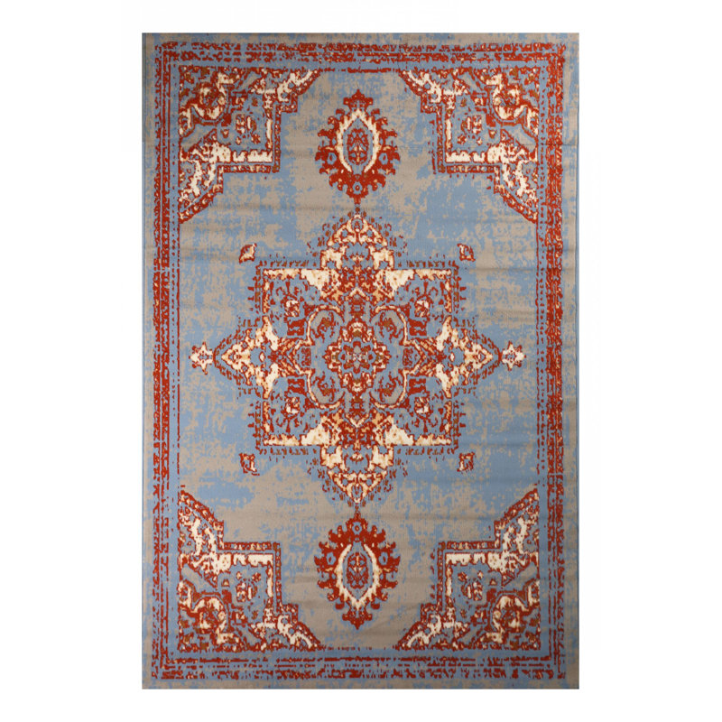 Tapis oriental bleu clair / rouge, Rectangle 3 pi 6 po x 5 pi 6 po