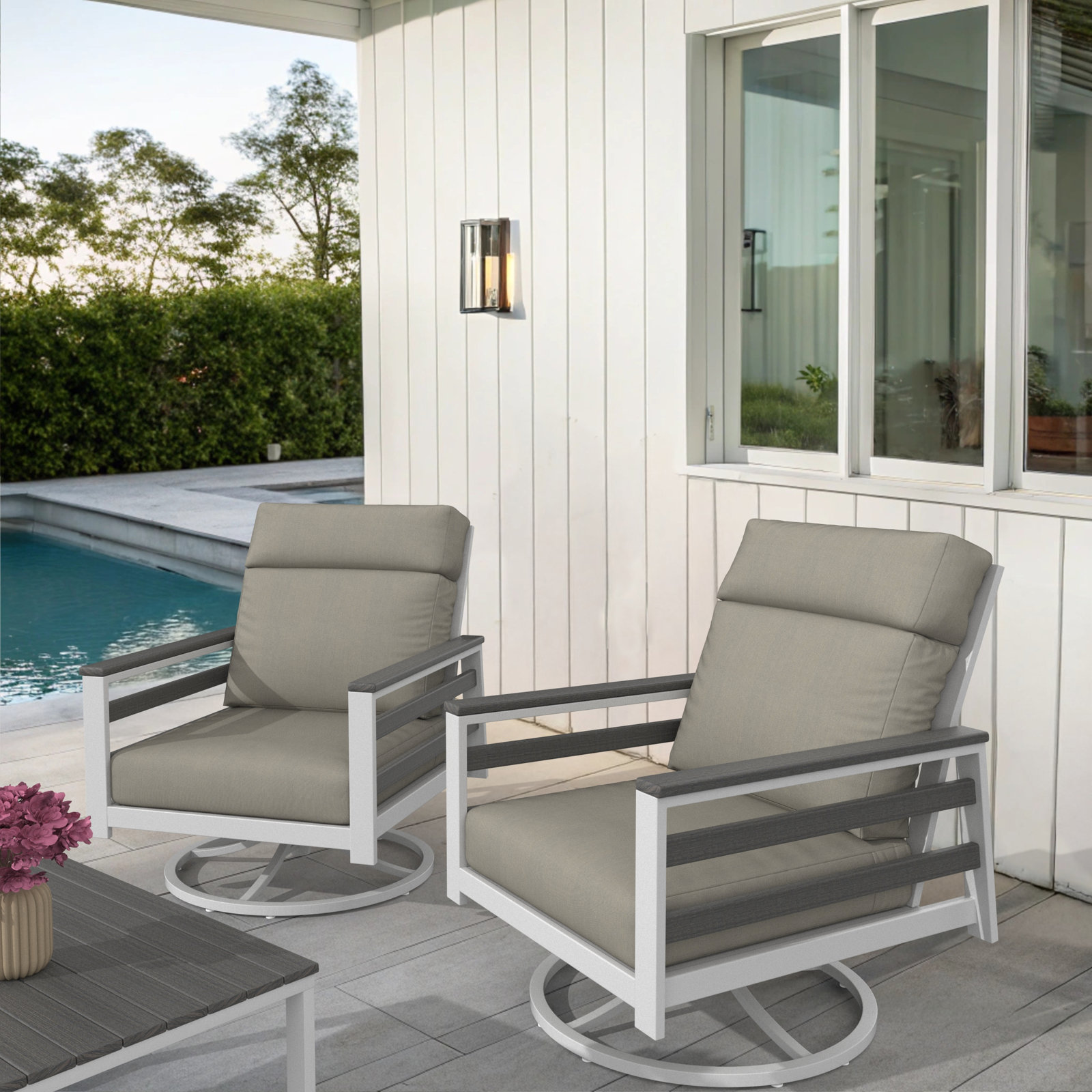 Townsend Sunbrella® Swivel Patio Lounge Chair, Spectrum Dove, Gray/White