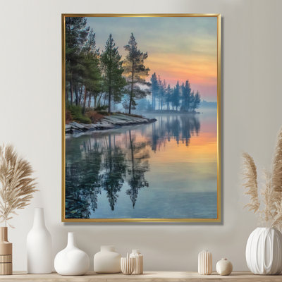 «Sunset at Dawn Lake Summer Mist - Sunset Wall Decor, Orange Landscape», art mural encadré