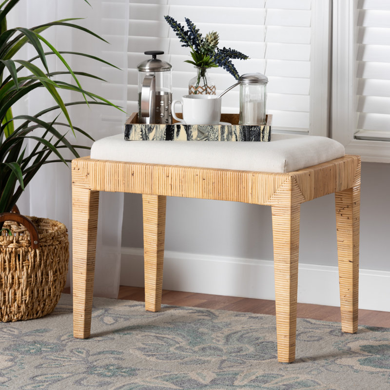 Colombano 23.8" Wide Rattan and Mahogany Wood Square Standard Ottoman