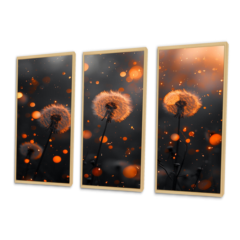 Ensemble de salon art mural orange et noir Golden Hour Glow Dandelion, Toile naturelle avec cadre flottant