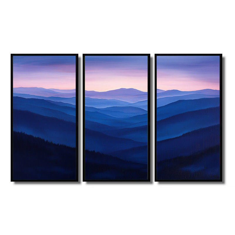 Lavande, montagne, crêtes au crépuscule I - montagnes, art mural sur toile - 3 panneaux, H 32 po x l 48 po, Noir