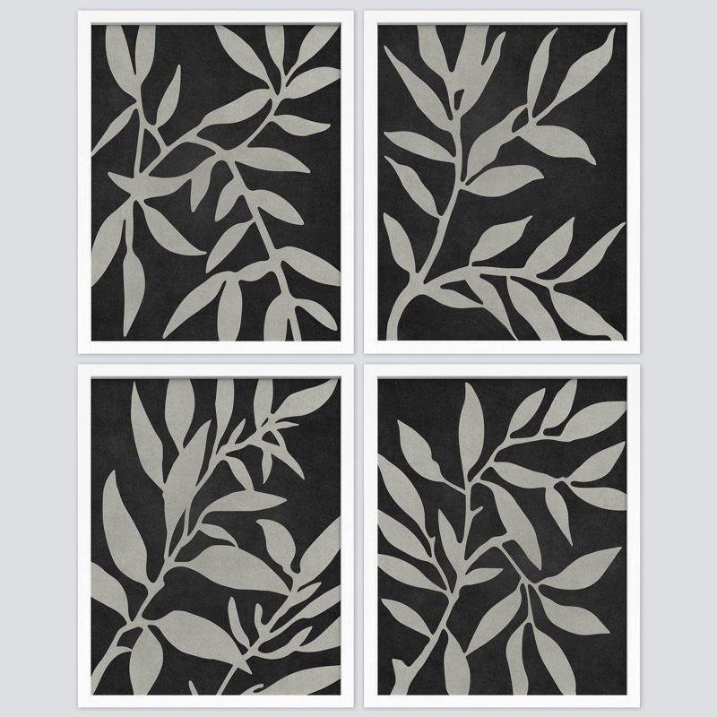 «Black and White Abstract Leaves Silhouette Decor Shapes», impression encadrée sur papier, 4 pièces, Blanc, H 10 po x l 8 po