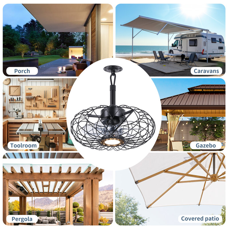 Outdoor Caged Ceiling Fan With Led Light For Patios,Plug in Ceiling Fan with Remote, Clear, 15"