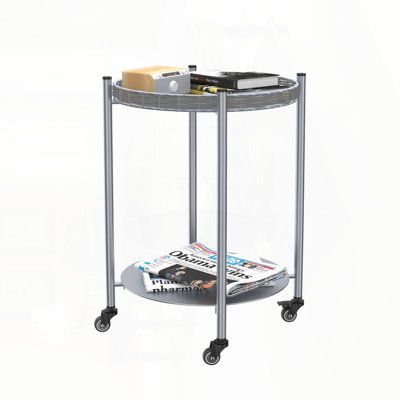 2-Tier Round Side Table with Wheels – Silver Gray, Movable