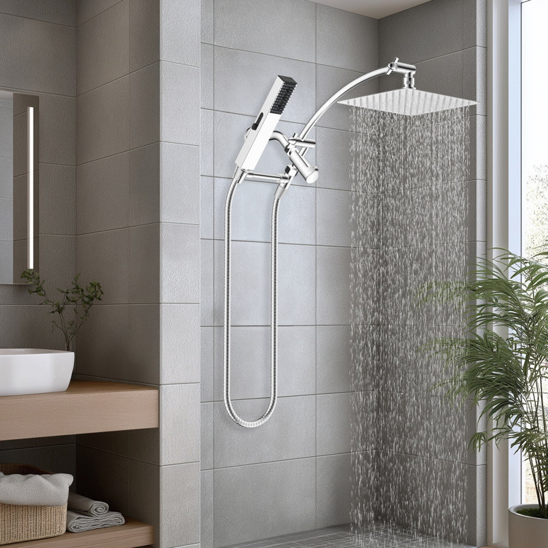 Certified High pressure metal 10-inch rainfall shower head/ handheld shower combo, 4-setting handheld sprayer, 12-inch curved adjustable extension arm, 71-inch stainless steel shower hose, handheld shower holder, Chrome