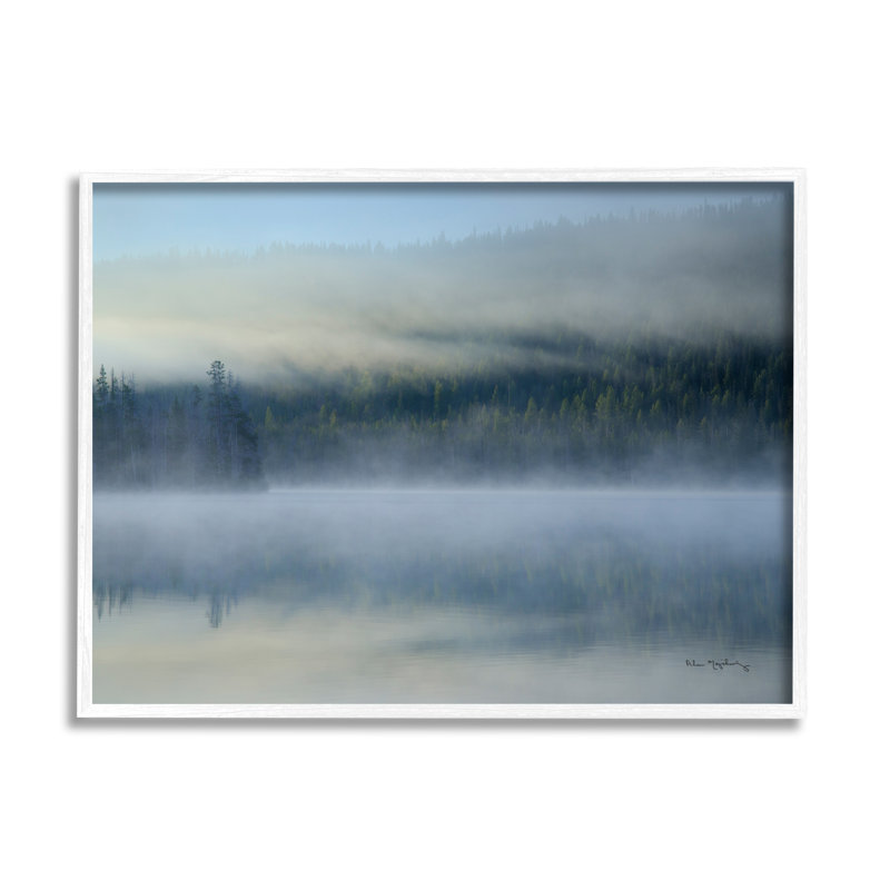 White Framed Foggy Mountain Lake Landscape Canvas Print, 14 x 11
