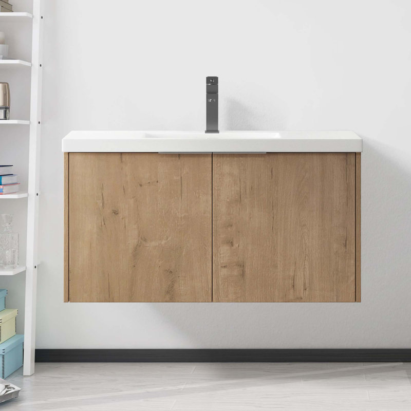 Meuble-lavabo à fixation flottante avec lavabo, Chêne, 36"