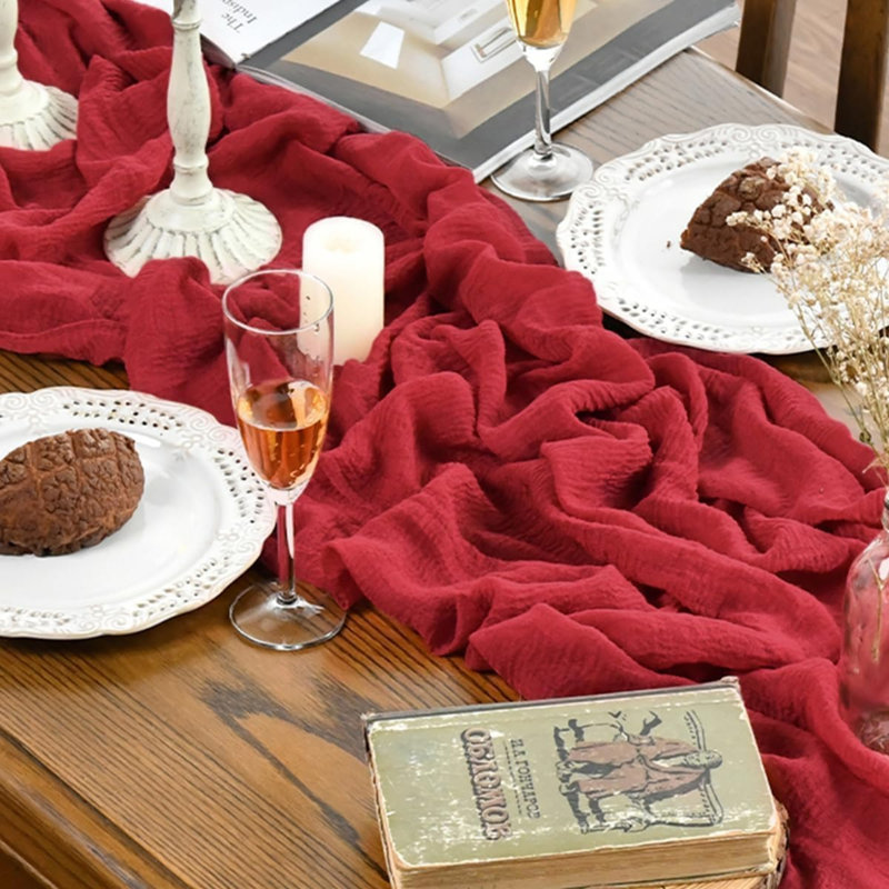 Red Boho Gauze Wedding Cheesecloth Christmas Table Runner 400cm | Valentine's Day Seasonal Bridal Fabric Kitchen Dining Holiday Table Decor for Home Party