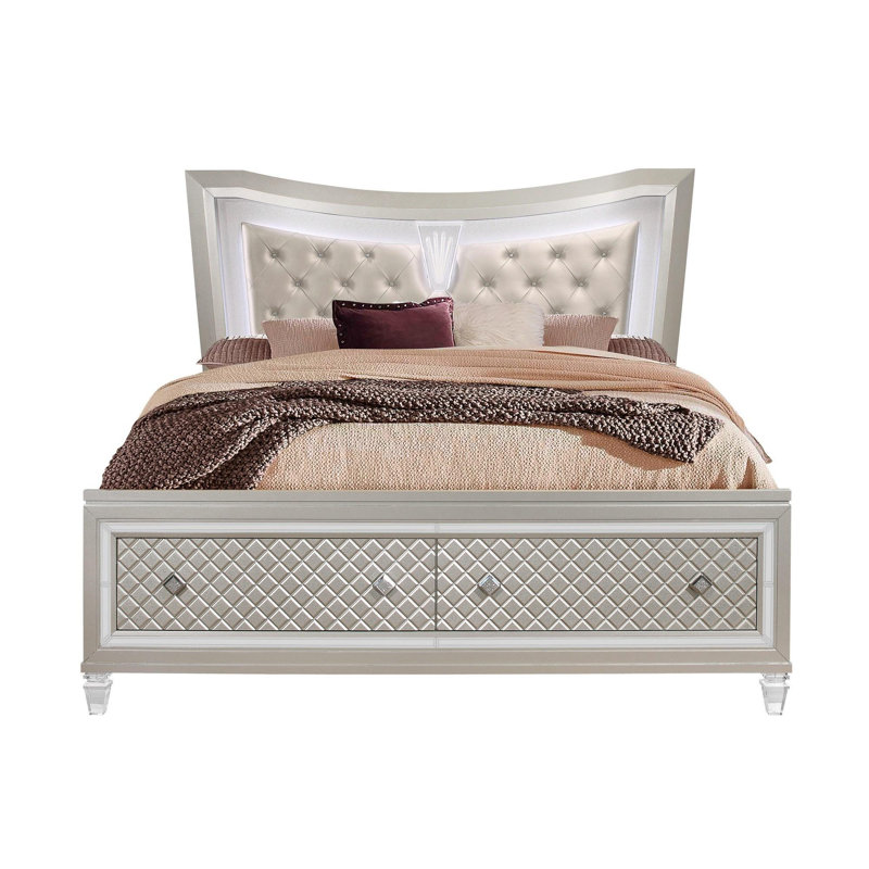  Grand lit Madison couleur champagne avec tête de lit matelassée à 2 tiroirs et 2 lumières DEL