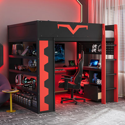 Full Size Gaming Loft Bed With Integrated Desk & RGB LED Lights, Pro-Gamer Bed With Power Outlet, Large Bookshelf, Pegboard, Keyboard Tray & Storage Drawer, 3 Colors Available, Red