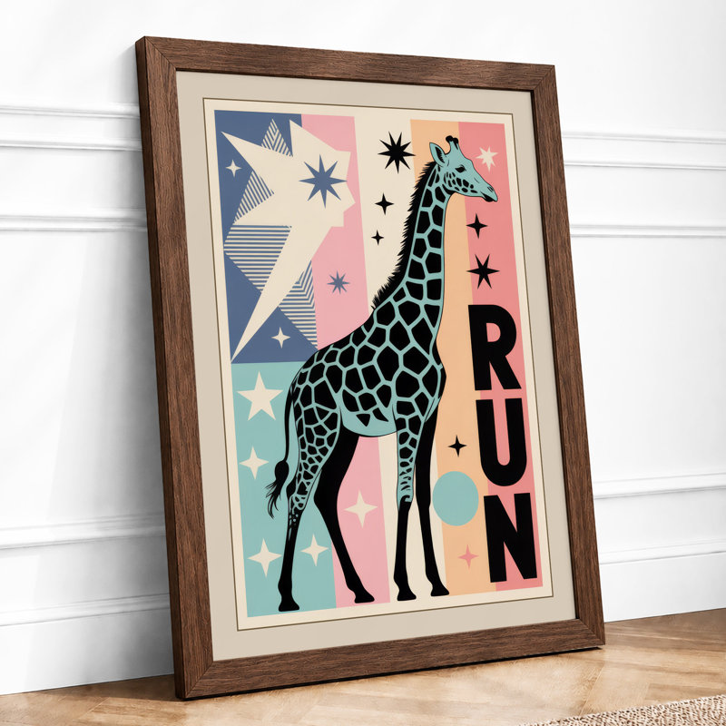 Giraffe Geometry Run Mid-Century - Framed Print, A1 - 84.1 x 59.4 cm, Walnut