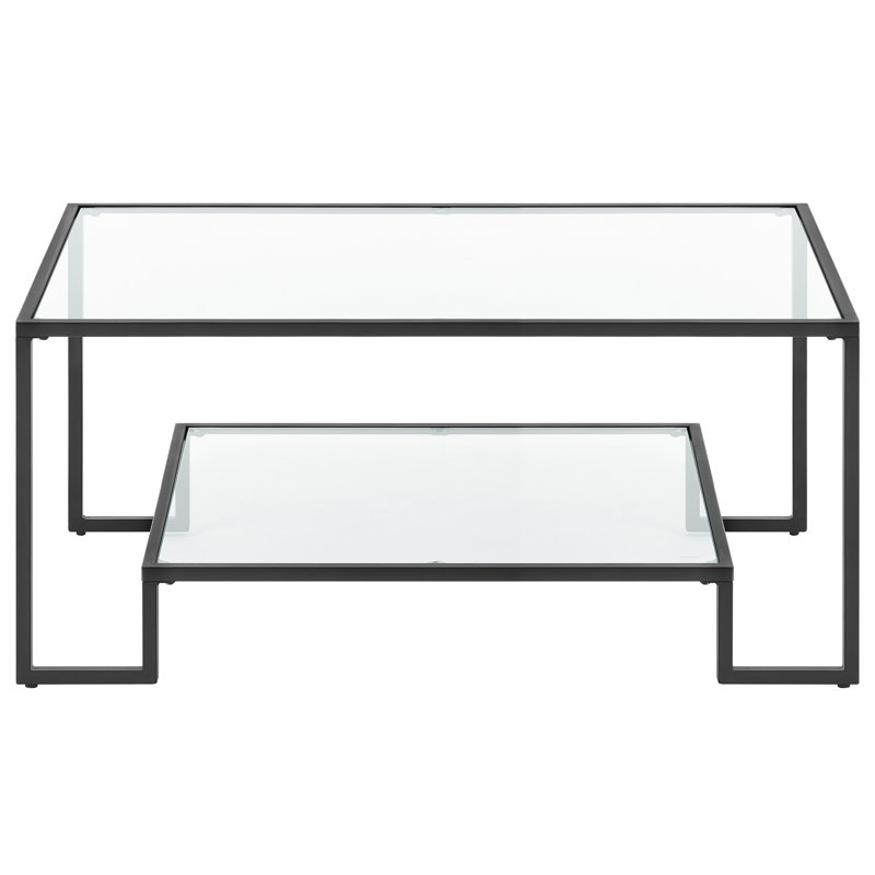 Nancy 39.4" W Rectangle Glass Top Coffee Table with Storage, Black