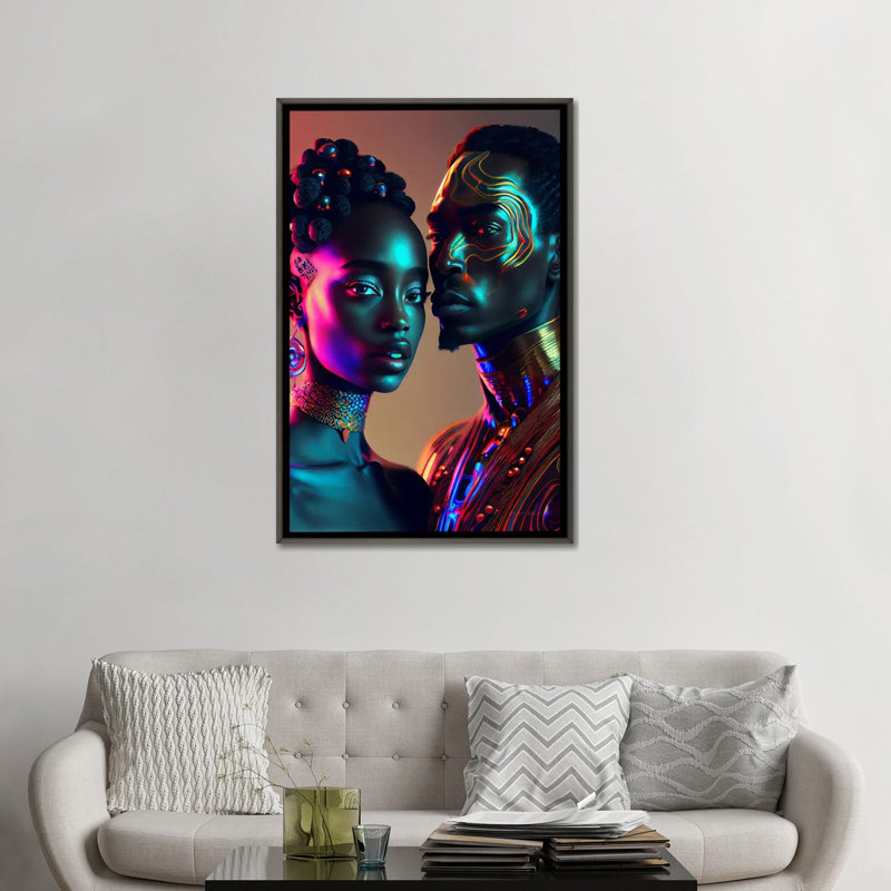 Afrofuturist Monarchie africaine, reine et roi II, Cadre flottant en bois foncé foncé, H 48 po x l 32 po
