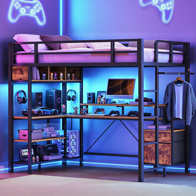 Lit mezzanine pour lit simple avec bureau de jeu en L, lit mezzanine simple avec tiroirs et tablettes de rangement, structure de lit mezzanine à DEL avec prise de courant