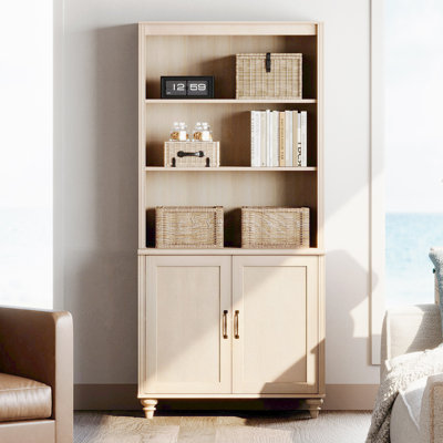 Bibliothèque de style champêtre, 183 cm (H) x 86 cm (L), avec portes en bois et étagères ouvertes, avec placard de rangement intégré, idéale pour le salon, la chambre, le bureau ou la cuisine. Couleur : beige.