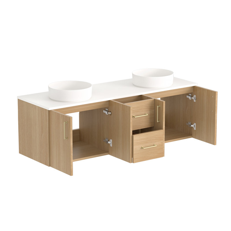 Meuble-lavabo mural 60 po avec comptoir en pierre de quartz blanc et double vasque ronde en céramique