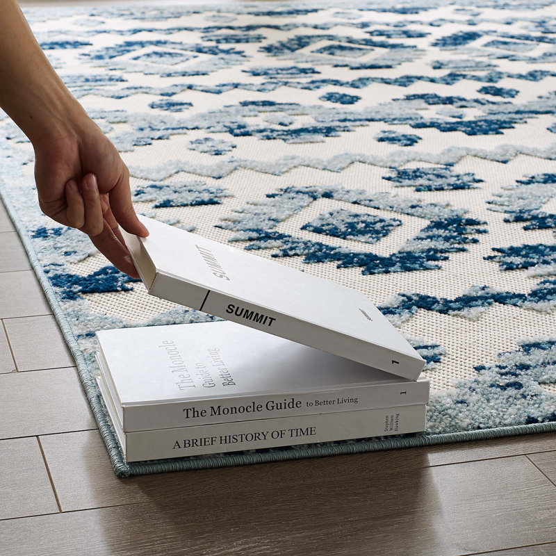 Ivory and Blue Trellis 8' x 10' Synthetic Easy-Care Area Rug