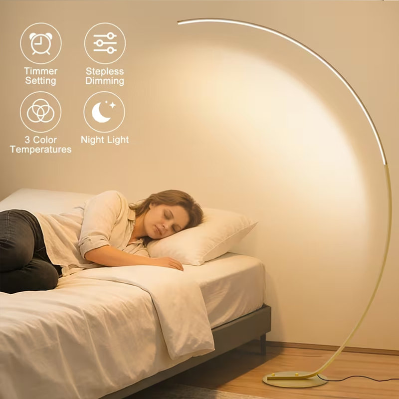 Lampe sur pied arquée DEL avec télécommande, lampe sur pied à intensité variable et 3 températures de couleur, lampe haute pour salon, chambre, bureau (doré)