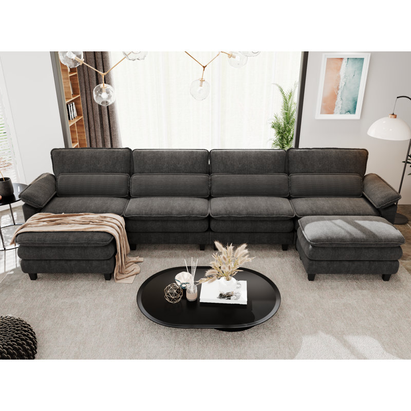 156"  U-Shaped Modern Modular Compressed Corduroy Fabric Sofa, Gray