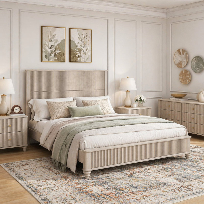 Ensemble de chambre à coucher 3 pièces avec grand lit et 2 tables de chevet, Beige, Grand lit