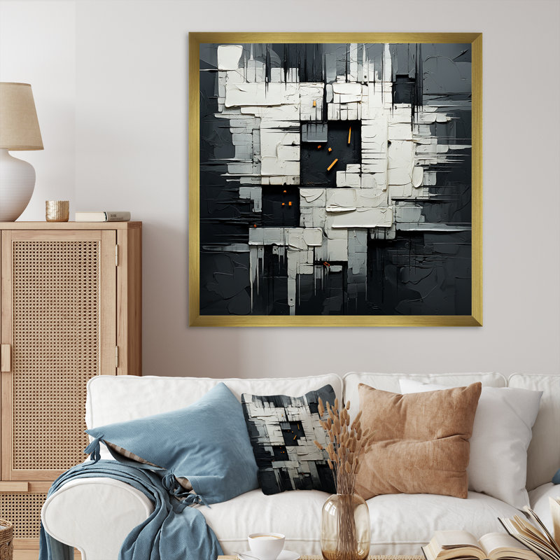 Fantaisie grise et noire Horizon II - impressions sur toile abstraites, H 30 po x l 30 po x P 1 po, Cadre doré simple