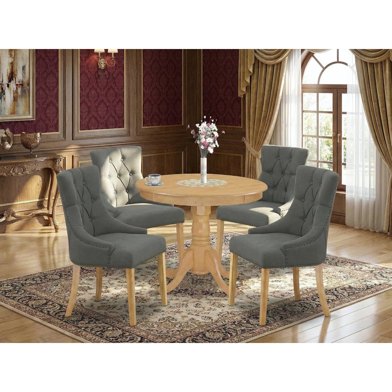 5 Piece Dinette Set for 4 Includes a Round Kitchen Table with Pedestal and 4 Dark Gotham Linen Fabric Upholstered Parson Chairs, Oak