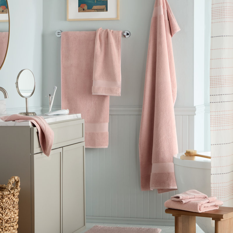 TOWN & COUNTRY EVERYDAY 6-Piece Assorted Solid Dobby Border Set, 2 Bath, 2 Hand, 2 Wash, 100% Cotton, Blush