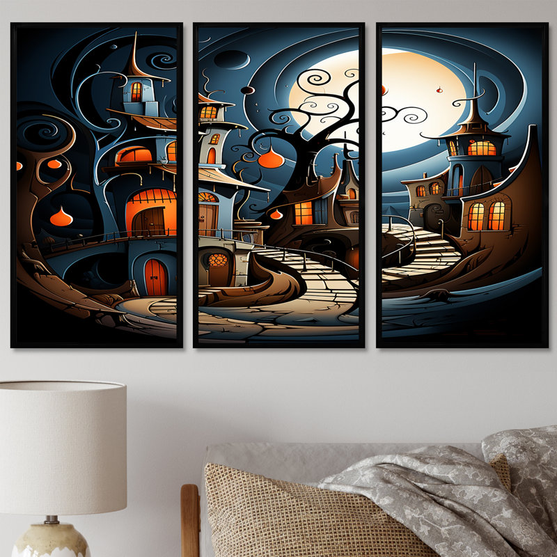 Ensemble de salon Playful Fantasy Town Magical Full Moon - Landscape Wall Art, Cadre flottant noir