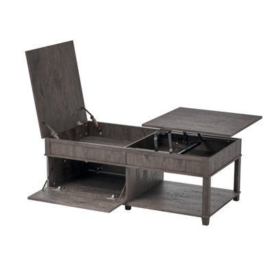Table basse à plateau relevable avec compartiment caché, tablette ouverte et bureau réglable