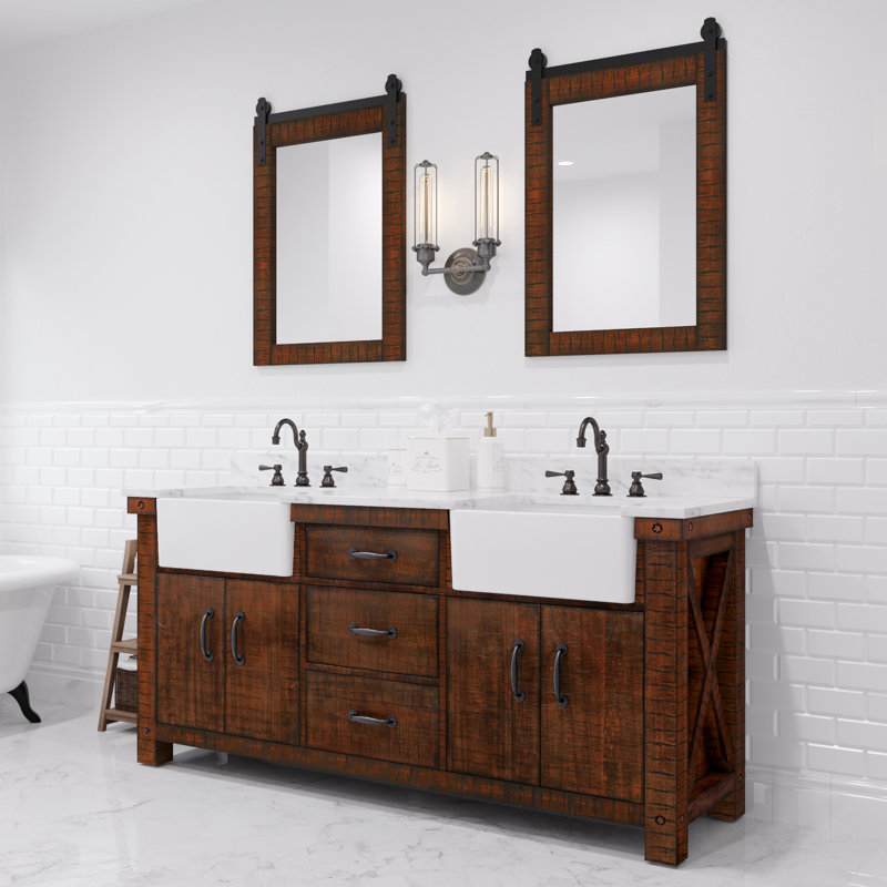 Paisley 72 In. Double Sink Carrara White Marble Countertop Vanity In Rustic Sienna With Mirror, Rustic Sienna