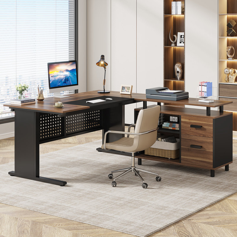 Ottovile Modular L-Shaped Steel Executive Desk, Brown/Dark Gray