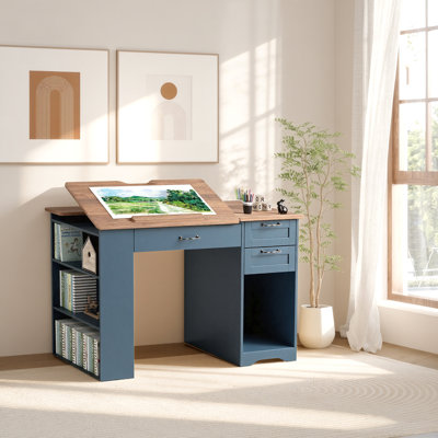 Table à dessin brune avec planche à dessin inclinable et tiroirs de rangement, bureau d'art réglable pour la peinture, les croquis et le bureau personnel